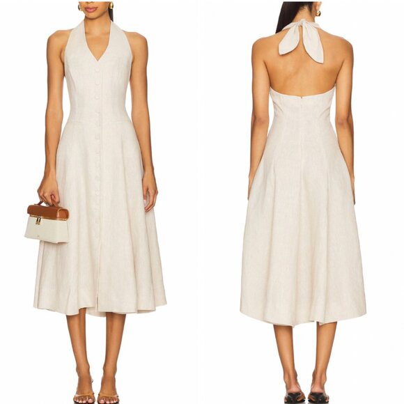 L'Academie by Marianna Uma Linen Midi Dress - Natural Beige Oatmeal Halter Causa - Picture 1 of 8